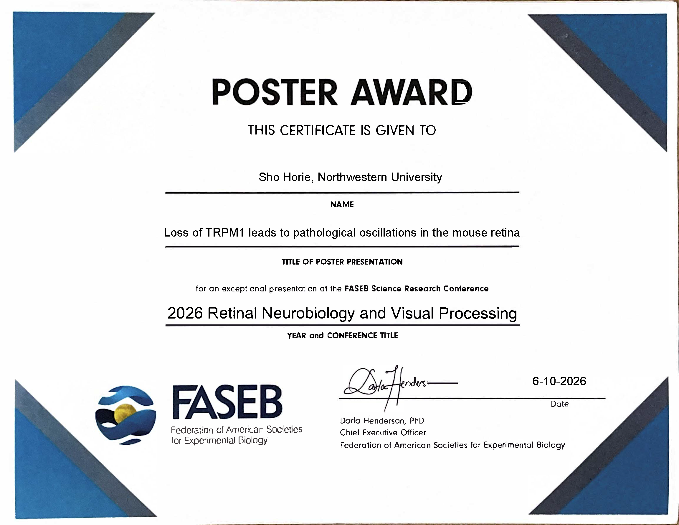 FASEB 2026 Retinal Neurobiology and Visual Processing Best Poster Award の賞状